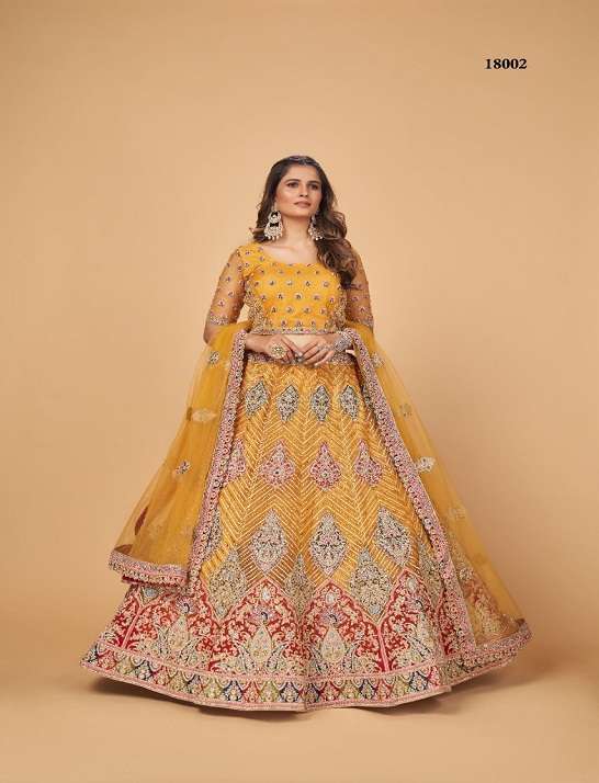 HOT SELLING BEST DESIGNER PARTY WEAR LEHENGA CHOLI IN NET WITH SEQUENCE WORK ARYA 18001-18004 SERIES
