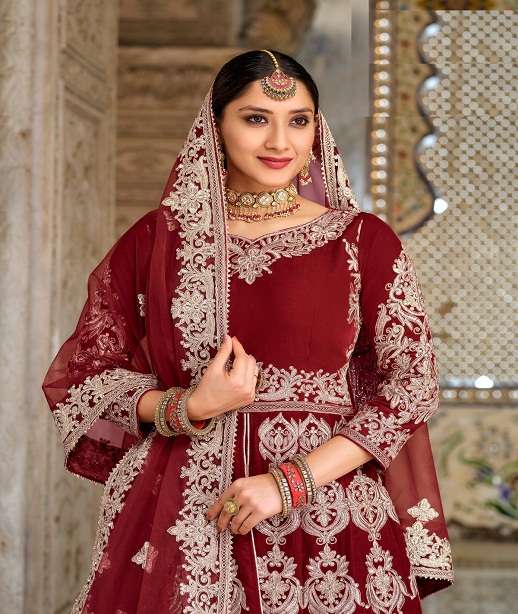 INDIAN DESIGNER FANCY WEDDING PARTY WEAR LONG ANARKALI SALWAR SUIT IN VELVET FABRIC SENHORA DRESSES 2043
