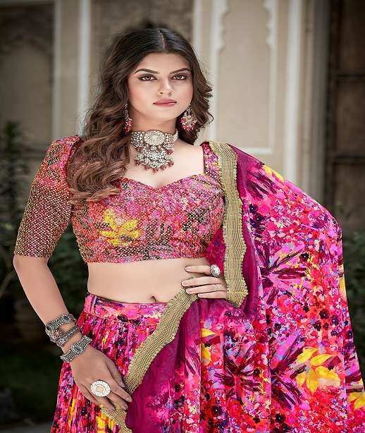 DESIGNER FANCY WEDDING PARTY WEAR INDIAN CHINON SILK LEHENGA CHOLI COLLECTION PC 1013 COLOR