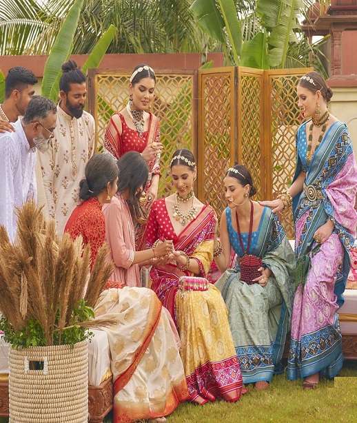 DESIGNER FANCY WEDDING PARTY WEAR INDIAN BANARASI PATOLA SILK SAREE ONLINE SM TRIRATH MAHENDI 10104-10114