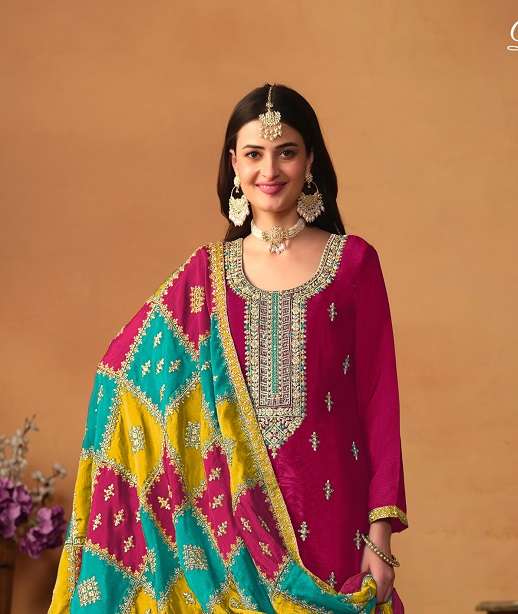 DESIGNER FANCY WEDDING PARTY WEAR CHINON SILK STRAIGHT SALWAR SUIT ANY 8601-8603