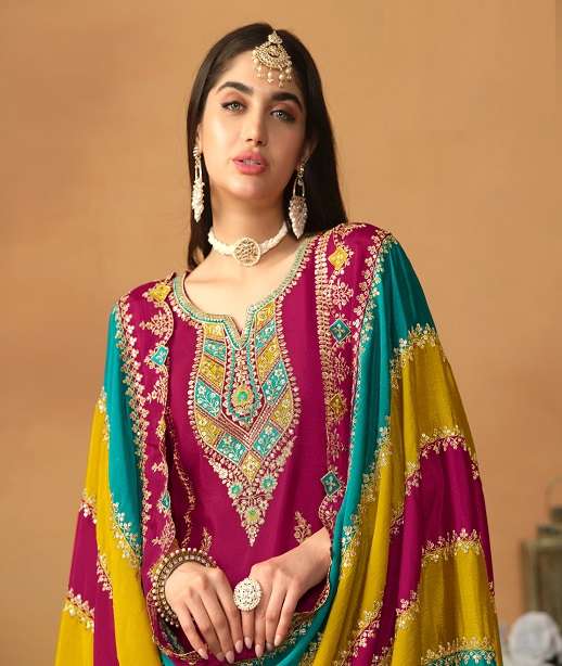 INDIAN DESIGNER FANCY WEDDING PARTY WEAR CHINON SILK SHARARA PALLAZO SALWAR SUIT ANY 8701-8703