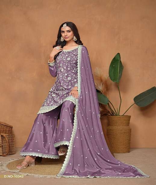 DESIGNER FANCY WEDDING PARTY WEAR REAL CHINON PALLAZO SHARARA SALWAR SUIT ANJB 10341-10344