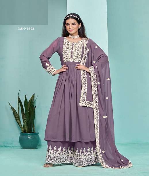 INDIAN DESIGNER FANCY WEDDING PARTY WEAR FAUX GEORGETTE PALLAZO SHARARA SALWAR SUIT ANY 9601-9604