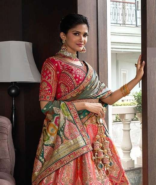 DESIGNER BRIDAL WEDDING PARTY WEAR MULTICOLOR BANARASI SILK LEHENGA CHOLI WITH AARI WORK SM ROYAL 10305-10313