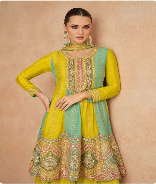 DESIGNER WEDDING PARTY WEAR CHINON SILK SHARARA SALWAR SUIT GL GUZARISH 7475-7477