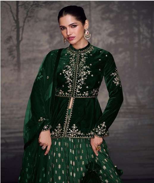 DESIGNER WEDDING PARTY WEAR HEAVY VELVET TOP SKIRT STYLE SALWAR SUIT GOWN SY GLAM 5601-5602