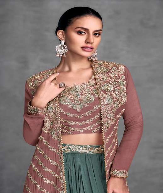 DESIGNER WEDDING PARTY WEAR REAL CHINON KOTI JACKET STYLE SALWAR SUIT GL KHUSI 7445 COLOR