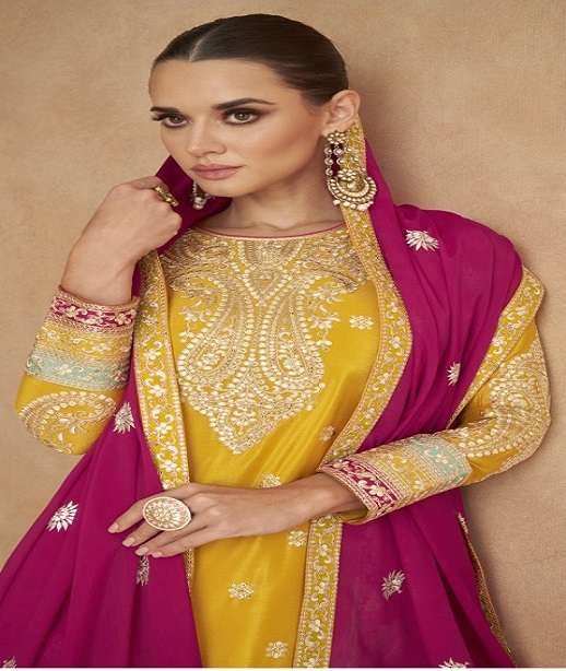 INDIAN DESIGNER FANCY WEDDING PARTY WEAR CHINON SILK PALLAZO SHARARA SALWAR SUIT SRH GULKAYRA 7440 COLOR