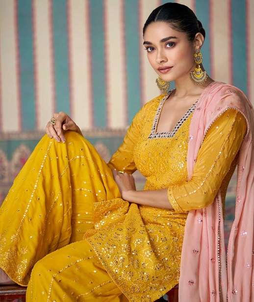 INDIAN DESIGNER FANCY WEDDING PARTY WEAR CHINON SILK PALLAZO SHARARA SALWAR SUIT SY SHAGUN 5617-5619