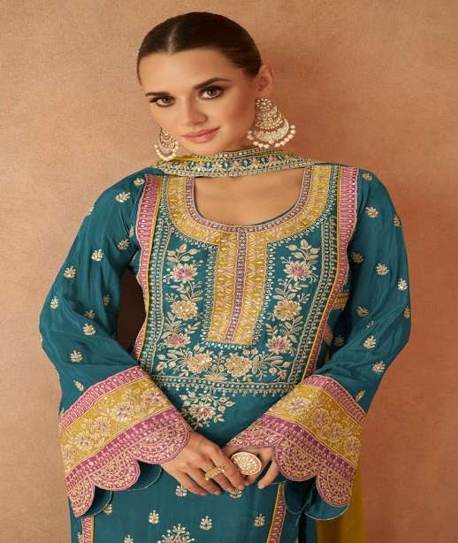 INDIAN DESIGNER FANCY WEDDING PARTY WEAR REAL CHINON PALLAZO SHARARA SALWAR SUIT GL PARI 7450 COLOR