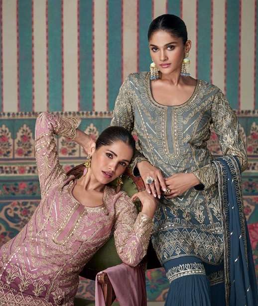 DESIGNER WEDDING PARTY WEAR HEAVY GEORGETTE SHARARA SALWAR SUIT GOWN ANY SY NIKHAR 5624-5625