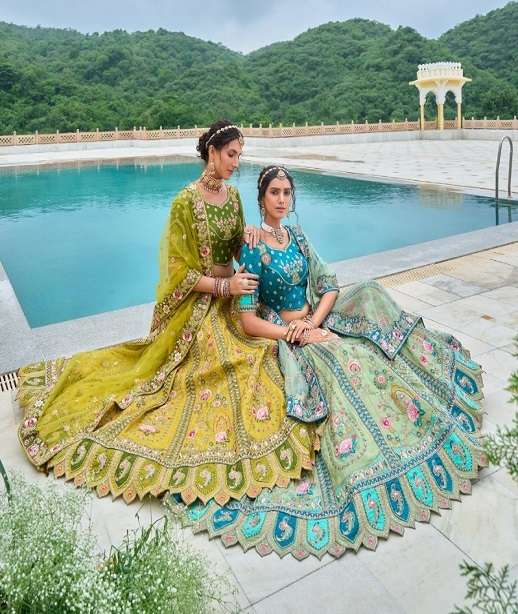 DESIGNER FANCY WEDDING WEAR INDIAN HEAVY SILK BRIDAL LEHENGA CHOLI WITH HAND WORK SM AANARA 7101-7112