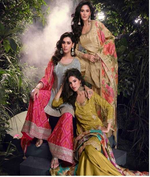 DESIGNER FANCY WEDDING PARTY WEAR CHINON SILK PALLAZO SHARARA SALWAR SUIT SY SHEHNAZ 5709-5711