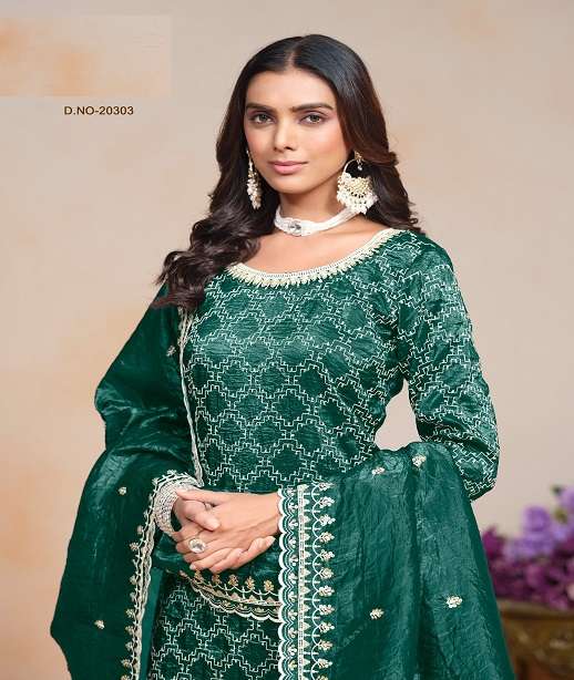 DESIGNER FANCY WEDDING PARTY WEAR CRUSH SILK PALLAZO SHARARA SALWAR SUIT ANY 20301-20304