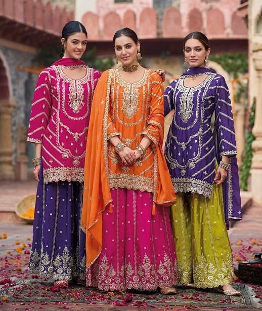 DESIGNER FANCY REAL CHINON SHARARA PALAZZO SALWAR SUIT NEW COLLECTION DST EB KANAK 1797-1799