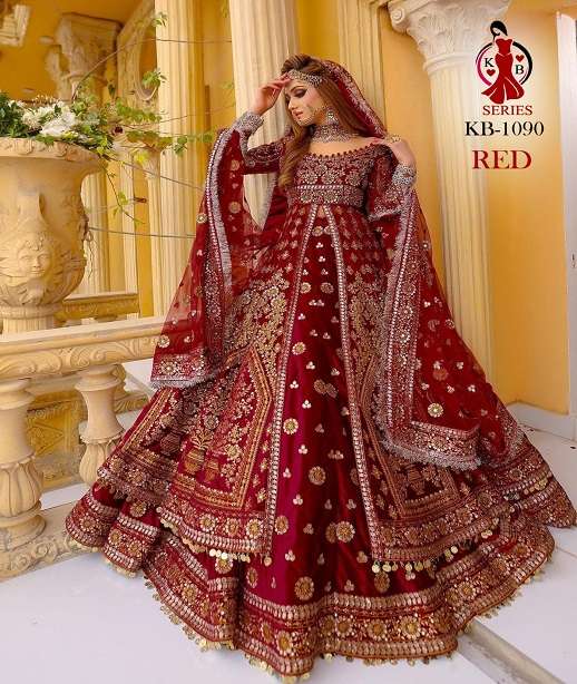 DESIGNER FANCY WEDDING PARTY WEAR INDIAN VELVET BRIDAL LEHENGA LONG CHOLI TOP WITH DUPATTA SENHORA KB 1090 COLOR