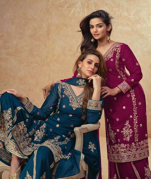 DESIGNER WEDDING PARTY WEAR HEAVY CHINON PLAZZO SALWAR SUIT AF GUZARISH 10162-10164