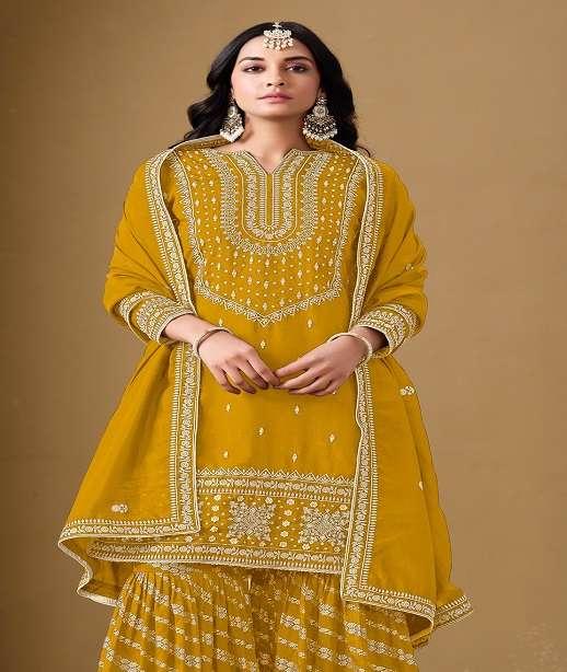 DESIGNER FANCY WEDDING PARTY WEAR ART SILK PALLAZO SHARARA SALWAR SUIT ANY 220 COLOR