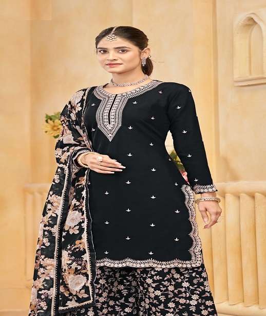 DESIGNER WEDDING PARTY WEAR ROMAN SILK SHARARA SALWAR SUIT ANY 218 COLOR