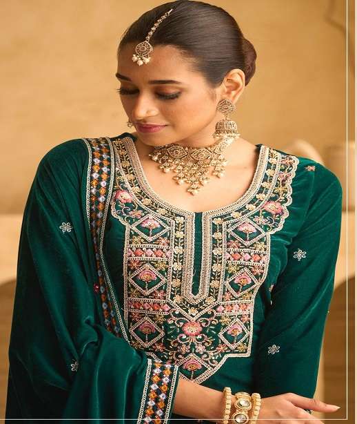 INDIAN DESIGNER FANCY WEDDING PARTY WEAR 9000 VELVET PALLAZO SHARARA SALWAR SUIT JG 5177 COLOR