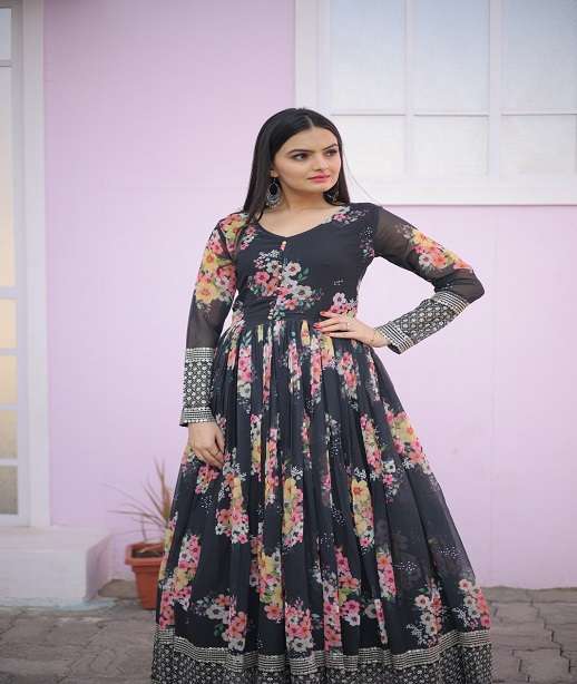 DESIGNER READYMADE PRINTED ANARKALI GOWN IN FAUX GEORGETTE FABRIC ZARI SEQUENCE WORK KU 1025 COLOR