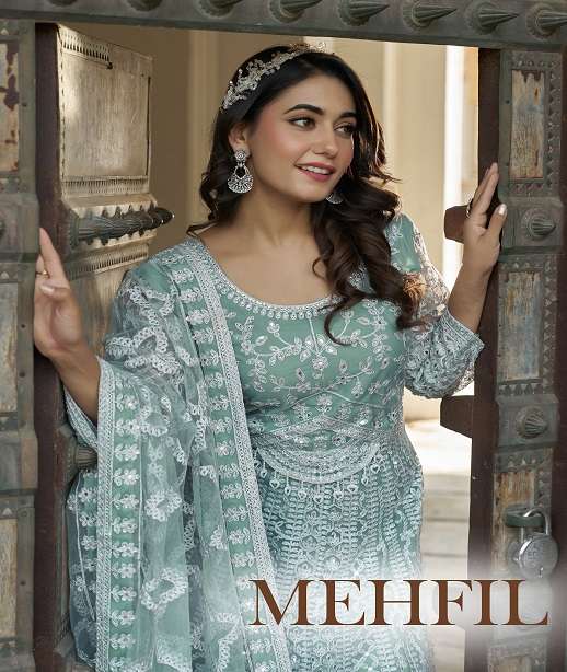 DESIGNER WEDDING PARTY WEAR ANARKALI SALWAR SUIT LONG GOWN IN BUTTERFLY NET SENHORA MEHFIL 3095 COLOR