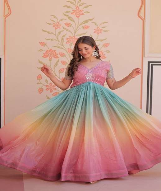 DESIGNER WEDDING PARTY WEAR CRUSHED FABRIC READYMADE MULTICOLOR ANARKALI GOWN SUIT PC 1169 COLOR