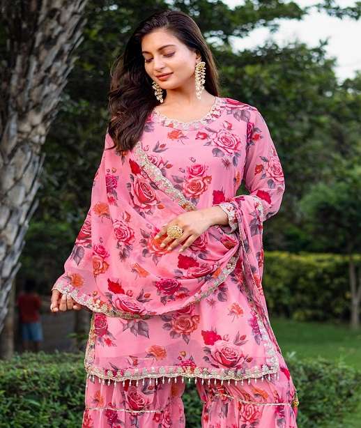DESIGNER WEDDING PARTY WEAR GEORGETTE READYMADE PRINTED SHARARA PALLAZO SALWAR SUIT TT 9 COLOR