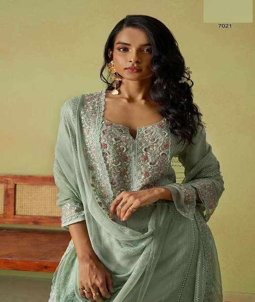 DESIGNER WEDDING PARTY WEAR HEAVY ORGANZA STRAIGHT SALWAR SUIT ALZ SAADGI 7018-7021