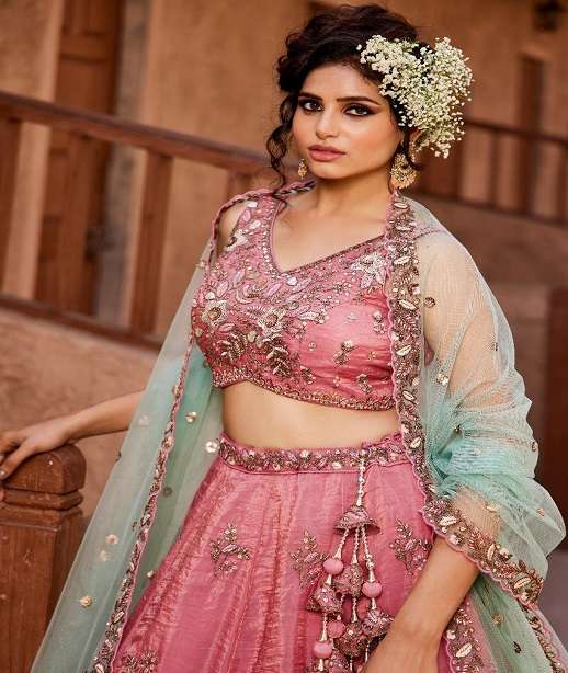 INDIAN DESIGNER BOLLYWOOD BRIDAL WEDDING PARTY WEAR HEAVY TISSUE SILK HAND WORK LEHENGA CHOLI NT 6136 COLOR