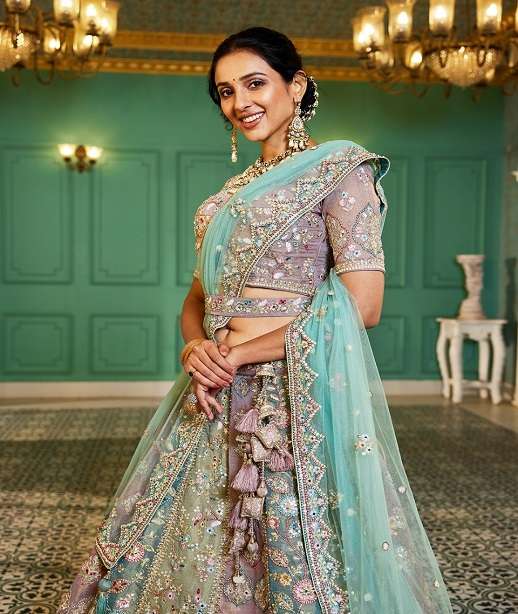 INDIAN DESIGNER BRIDAL WEDDING WEAR PREMIUM QUALITY MULTICOLOR NET LEHENGA CHOLI WITH HAND EMBROIDERY WORK NT 6076