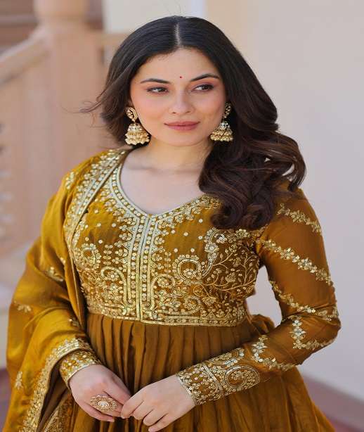 LATEST DESIGNER WEDDING PARTY WEAR FENDI FABRIC READYMADE ANARKALI SUIT LONG GOWN LW 9234 COLOR