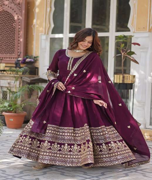 LATEST DESIGNER WEDDING PARTY WEAR READYMADE CHINON SIMAR SILK ANARKALI SUIT LONG GOWN KU 1141-1165
