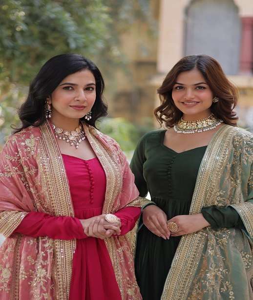 LATEST DESIGNER WEDDING PARTY WEAR VICHITRA SILK ANARKALI SUIT LONG GOWN KU 1140 COLOR