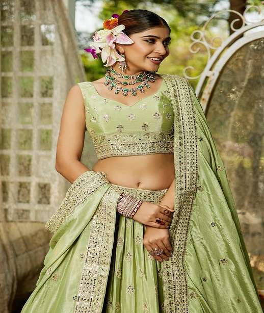 DESIGNER BOLLYWOOD BRIDAL WEDDING PARTY WEAR HAND WORK HEAVY CHIONON SILK LEHENGA CHOLI NT 6140 COLOR