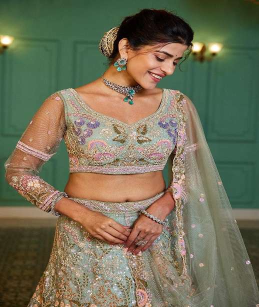 DESIGNER BOLLYWOOD BRIDAL WEDDING PARTY WEAR HEAVY HAND WORK NET LEHENGA CHOLI SENHORA DRESSES 6147 COLOR