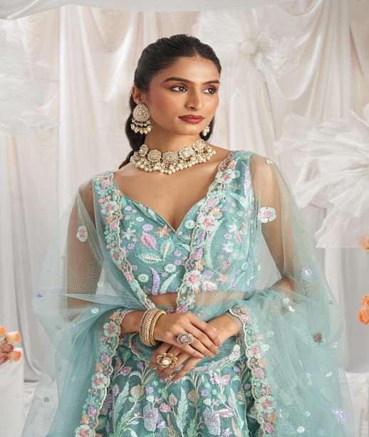 DESIGNER BOLLYWOOD BRIDAL WEDDING PARTY WEAR HEAVY HAND WORK NET LEHENGA CHOLI NT ADORN CRAFT 6058 COLOR