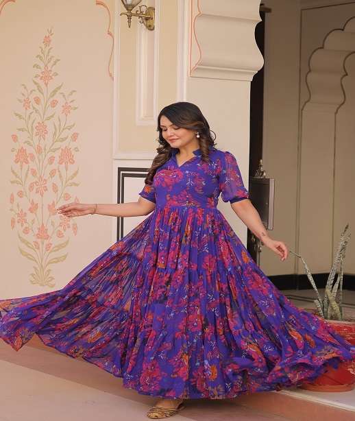 DESIGNER FANCY WEDDING PARTY WEAR PRINTED GEORGETTE READYMADE ANARKALI GOWN LW 9246