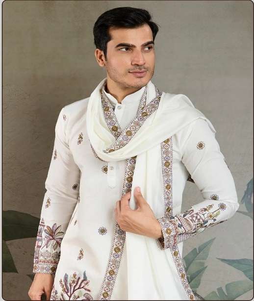 DESIGNER FANCY WEDDING PARTY WEAR READYMADE INDIAN MENS VISCOSE SILK KURTA DUPATTA KF 61181-61185