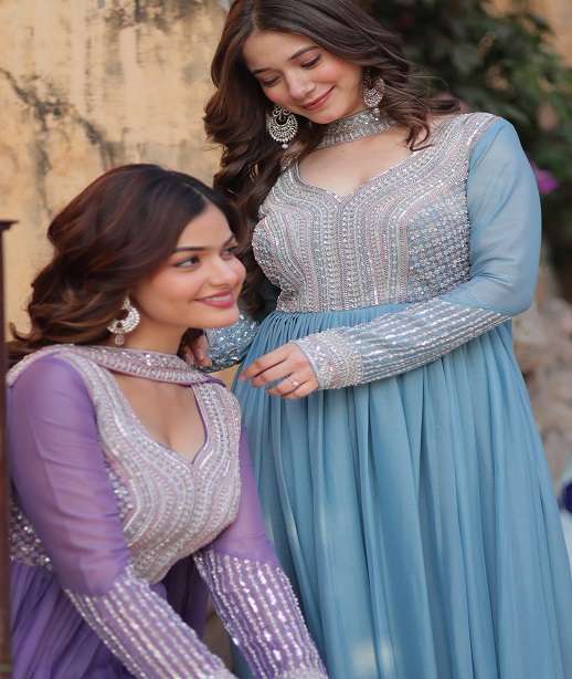 DESIGNER FANCY WEDDING PARTY WEAR STAR GEORGETTE ANARKALI GOWN SALWAR SUIT KU 1151 COLOR