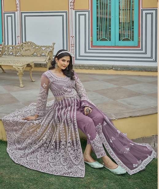 DESIGNER WEDDING PARTY WEAR ANARKALI SALWAR SUIT LONG GOWN IN BUTTERFLY NET SENHORA MAHIRA 3102 COLOR