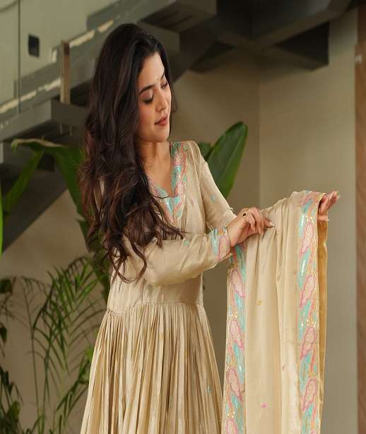 LATEST DESIGNER WEDDING PARTY WEAR READYMADE CHINON ANARKALI SUIT LONG GOWN LW 9229 COLOR