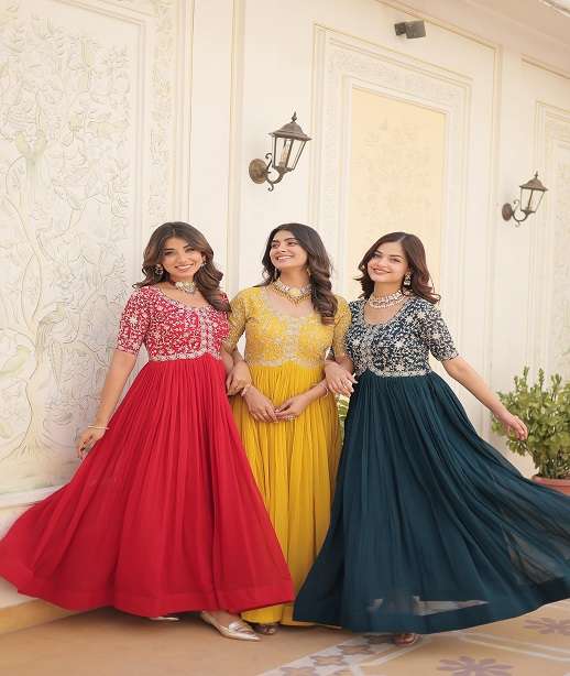 LATEST DESIGNER WEDDING PARTY WEAR READYMADE FAUX BLOOMING ANARKALI SUIT LONG GOWN KUMARI 1100 COLOR