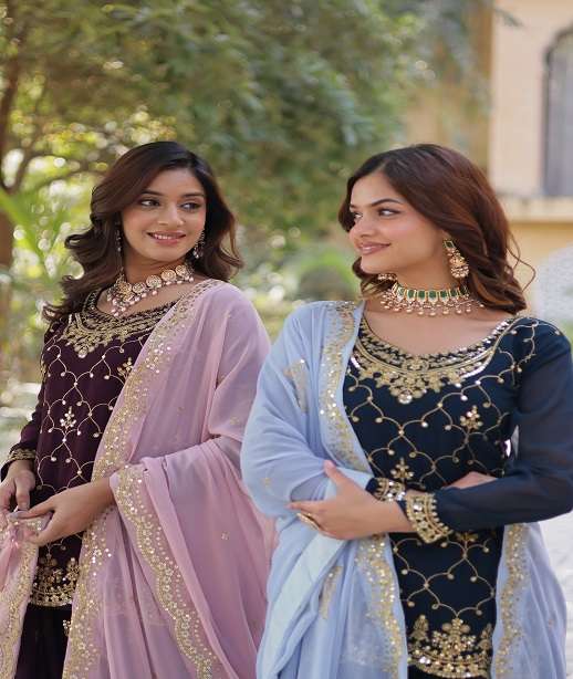LATEST DESIGNER WEDDING PARTY WEAR READYMADE FAUX BLOOMING SHARARA PALLAZO SUIT GOWN KU 1145 COLOR