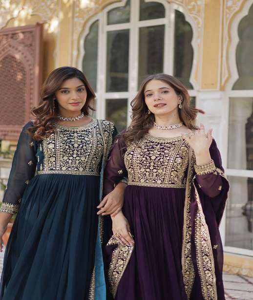 LATEST DESIGNER WEDDING PARTY WEAR READYMADE FAUX BLOOMING ANARKALI SUIT LONG GOWN KU 1153 COLOR