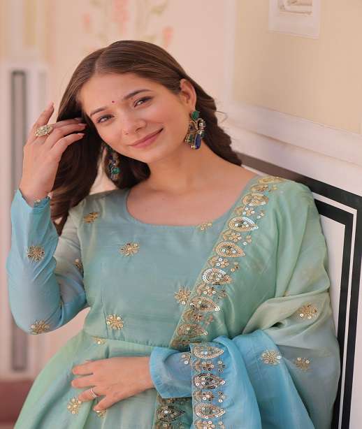 LATEST DESIGNER WEDDING PARTY WEAR READYMADE GOLD ORGANZA ANARKALI SUIT LONG GOWN LW 9238 COLOR