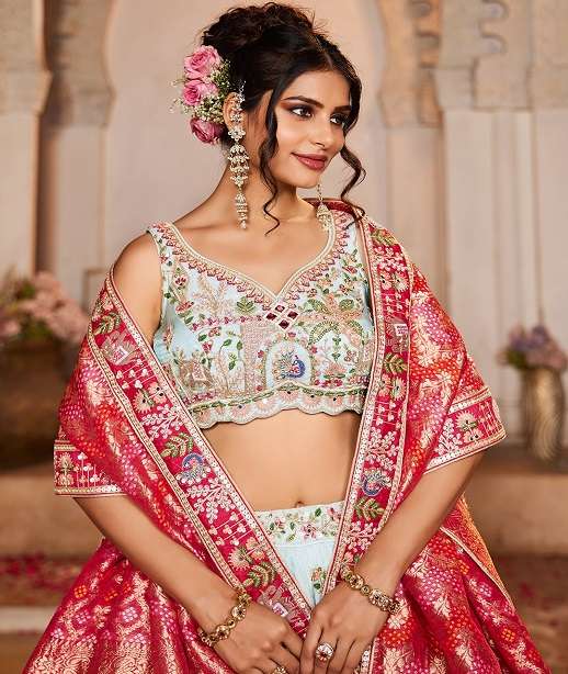 DESIGNER BOLLYWOOD BRIDAL WEDDING PARTY WEAR HAND WORK TISSUE SILK LEHENGA CHOLI NT 6129 COLOR