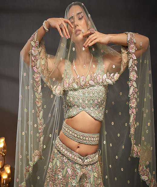 DESIGNER BOLLYWOOD BRIDAL WEDDING WEAR HEAVY HAND WORK NET LEHENGA CHOLI SENHORA DRESSES NT 5829 COLOR