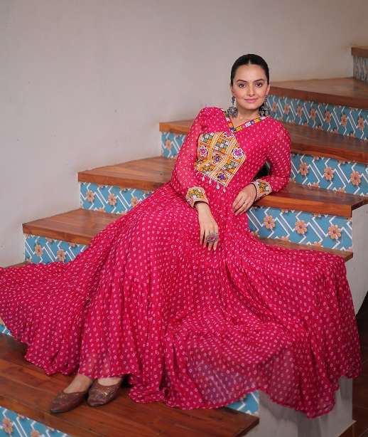 DESIGNER FANCY PURPLE NAVRATRI WEAR KURTI IN BANDHANI PRINT GEORGETTE FABRIC KU 1180 COLOR